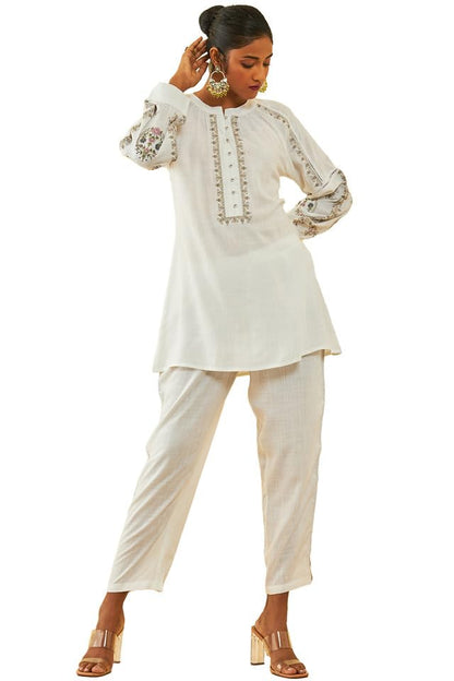 Soch Womens White Rayon Slub Embroidered Co-Ord Set With Lace Attached