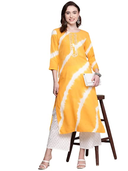 anubhutee Women's Rayon Yellow Abstract Printed straight Kurta Suit Set With Palazzos