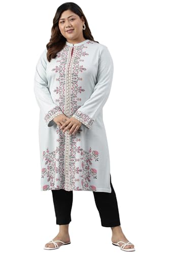 W for Women Blue Acrylic Printed Plus Size Winter Kurta