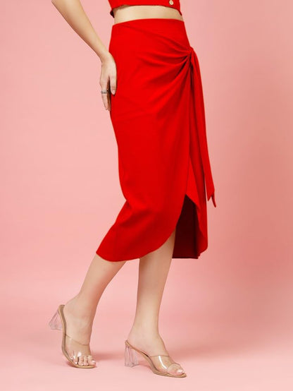 OOMPH! Stertchable Ribbed Wraparound Lycra Skirt for Women Red - msk096