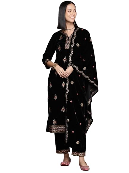 Floral Embroidered Sequinned Velvet Straight Kurta with Trousers & Dupatta
