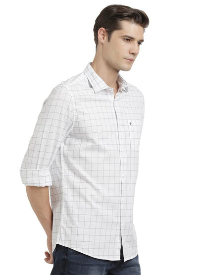 Turtle Men 100% Cotton Slim Fit White Check Full Sleeve Casual Shirt