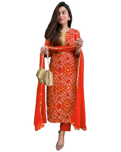 GoSriKi Womens Rayon Blend Straight Bandhej Printed Kurta with Pant & Dupatta (Turae Orange-GS_L_Orange_Large)