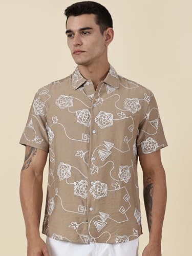 Thomas Scott Oversized Fit| 100% Cotton | Spread Collar | Short Sleeve | Embrodiered | Shirts for Men Beige