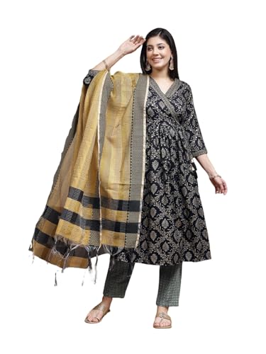 Sanisa Women's Cotton Silk Printed & Foil Work Anarkali Kurta with Pant and Woven Dupatta