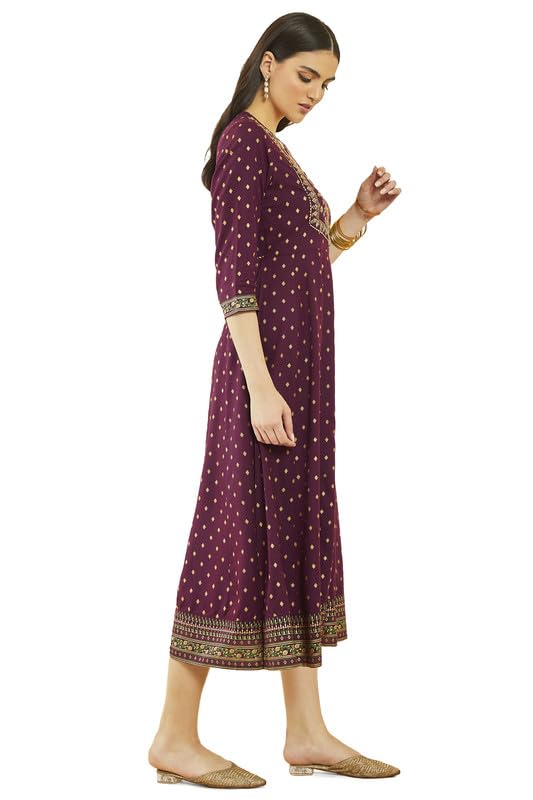 Soch Womens Wine Rayon Botanical Print Dress Kurta With Embroidery On Yoke