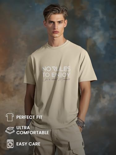 Nobero MenS Graphic Printed Regular Fit T-Shirt (1M-Twts-C0948-216X_Sand / Black/Marine