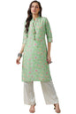 Soch Womens Sap Green Muslin Blend Floral Print Kurta With Tassels