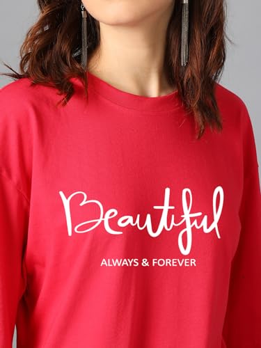 KOTTY Womens Printed, Typography Round Neck Cotton Blend 3/4 Sleeve T-Shirt(Red,XL)