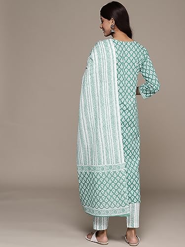 anubhutee Women's Pure Cotton Ethnic Motifs Printed Blue Kurta Suit Set with Trousers & Dupatta