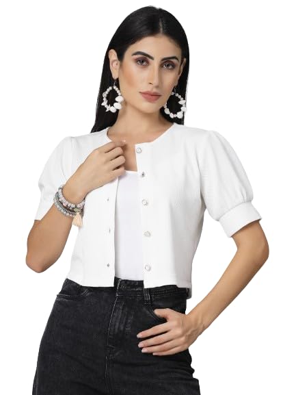 Style Quotient Women Solid White Polyknit Casual Open Front Shrug