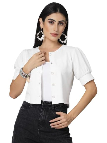 Style Quotient Women Solid White Polyknit Casual Open Front Shrug