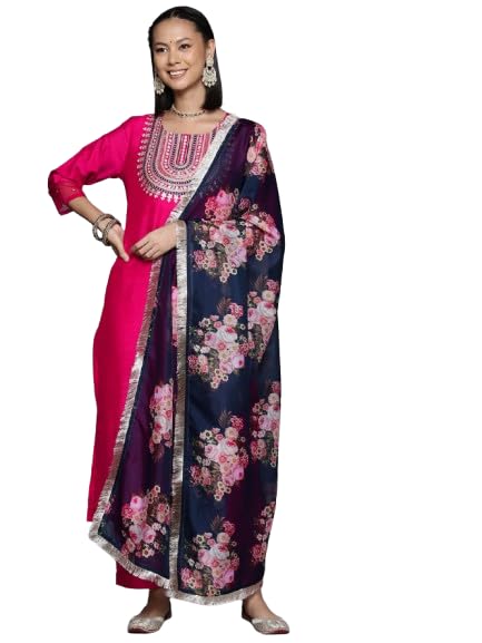 VARANGA Women Fuchsia Embroidered Sequinned Kurta Set with Dupatta