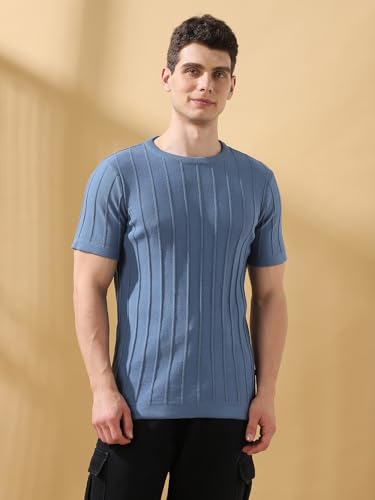Dennis Lingo Men Steller Textured Round Neck Half Sleeves Regular Fit T-Shirts Blue