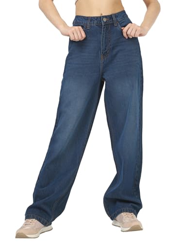 Bewakoof Womens Washed Straight Fit Pure Cotton Baggy Jeans_662212_Blue_34