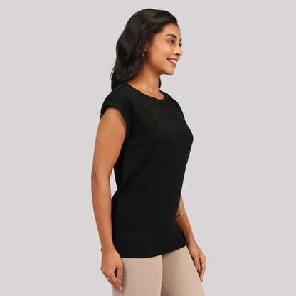 Move All Day Cap Sleeve Top, Cap Sleeve Detailing, Ribbed Hemline, 100% Cotton, Chic Workwear