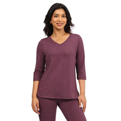 BlissClub AirMelt TM Apple Hem Tee | V-Neck | 3/4 th Sleeves | Apple Hem Bottom | Easy Drape | Weightless Fabric | Cool-to-Touch