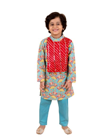 Pspeaches Kids-Boys Sea Green Printed Pleated Pure Cotton Kurta With Churidar