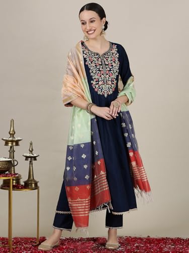 Aurelia Women? Yarn Dyed Flared Kurta Set with Trousers and Dupatta for Women