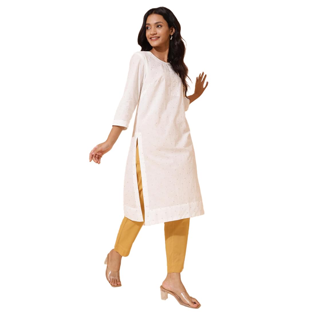 Fabindia Cotton Printed Knee Length Kurta (in, Alpha, S, White..)