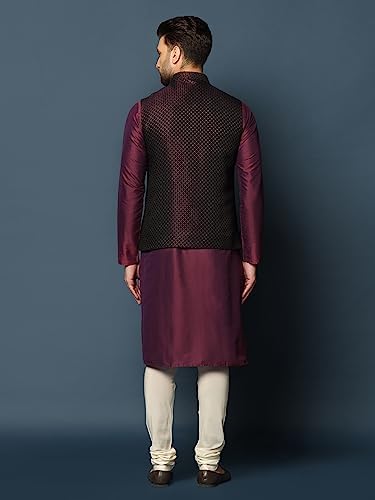 Kisah MenS Maroon Kurta Jacket Churidar Set Cotton Blend, Woven Design, Full Sleeves, Straight, Regular Fit, Mandarin Collar, E