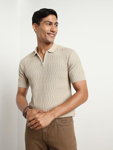 Nobero MenS Self Design Regular Fit Polo Shirt (1M-Twpo-R0016_Stone