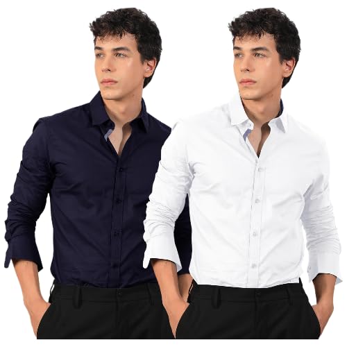 Pinkmint Cotton Soild Combo Men Shirt Formmal Wear Office Wear Regular Fit Shirt Dark Blue-White
