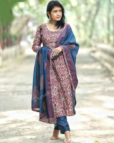 GoSriKi Women's Kurta Set - Viscose Blend with Trousers & Dupatta, XXL, Red, Model Parimat Red-GS