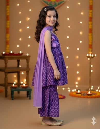 Naixa Girls Purple Rayon V Neck Sleeveless Checked Printed Kurta And Sharara With Dupatta Set | Latest Checked Designer Printed