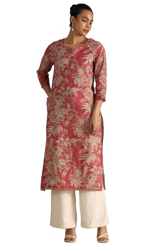 Soch Womens Pink Linen Botanical Print Kurta with Tassels