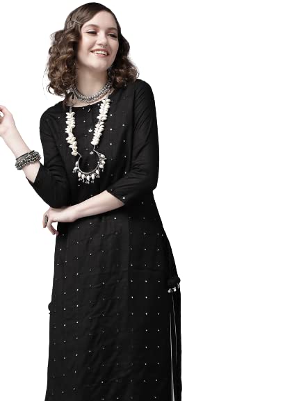 ishin Women's Rayon Black Embellished A-Line Kurta