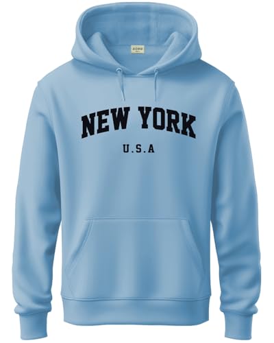 ADRO Men's Cotton Blend Neck Hooded Sweatshirt (H24-NEW-SK_Sky Blue