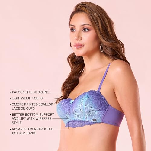 Enamor Womens Nylon Blend Wire Free Casual Balconette Bra (F192_Blue Wave