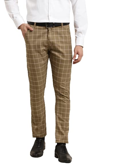 SOJANYA (Since 1958 Men's Cotton Blend Khaki & OffWhite Checked Casual Trousers:Size-34