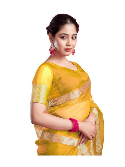 SAMAH Womens Woven Organza Saree (3644S425N_Yellow)