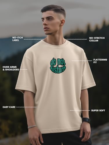 Nobero MenS Graphic Print Oversized Fit T-Shirt (1M-Twrt-C1005-Bs_Unplug-Sand
