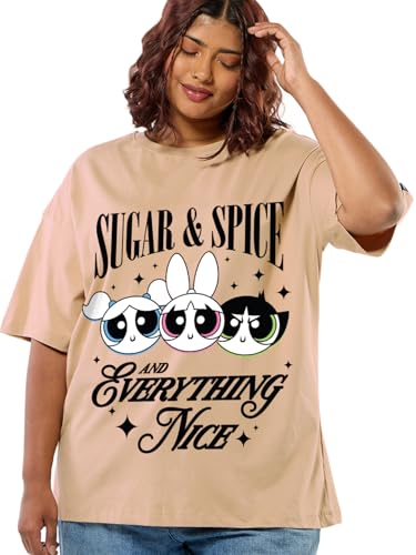 Bewakoof Official Cartoon Network Merchandise Powerpuff Girls Womens Graphic Print Oversized Fit Half Sleeve Round Neck Pure Co