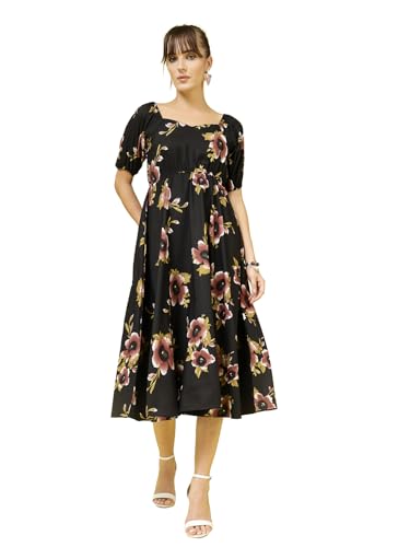 OOMPH! Womens Western & Fusion wear Printed Crepe Dress for Women, Puffed Sleeve, Black - md988