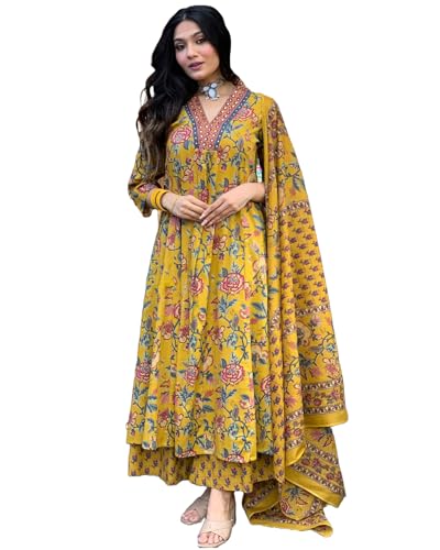 GoSriKi Womens Rayon Blend Anarkali Printed Kurta with Pant & Dupatta & Dupatta (CIA Yellow-GS_M_Yellow_Medium)