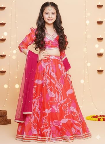 Naixa Girls Red Chanderi V Neck 3/4 Sleeve Floral Printed Choli And Lehenga With Dupatta Set | Latest Floral Designer Printed Le