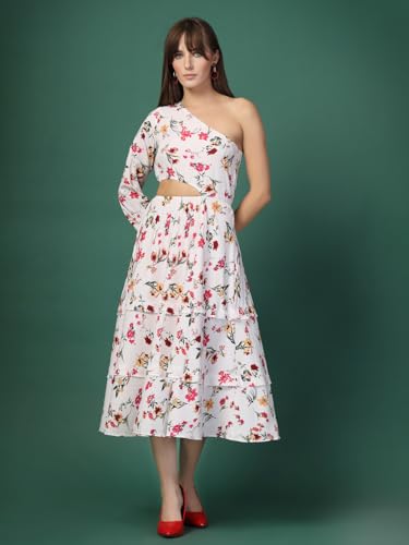 OOMPH! Womens Western & Fusion wear Printed Crepe Dress for Women, One Shoulder, White - md1061