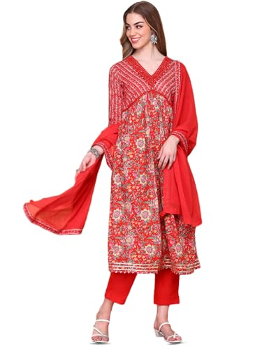 ishin V-Neck Floral Printed Empire Pure Cotton A-Line Kurta with Trousers & Dupatta | Kurta set for women | Kurta with trousers and dupatta