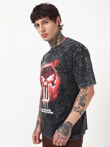 Bewakoof Official Marvel Merchandise Punisher Mens Graphic Print Oversized Fit Half Sleeve Round Neck Pure Cotton T-Shirt_66642