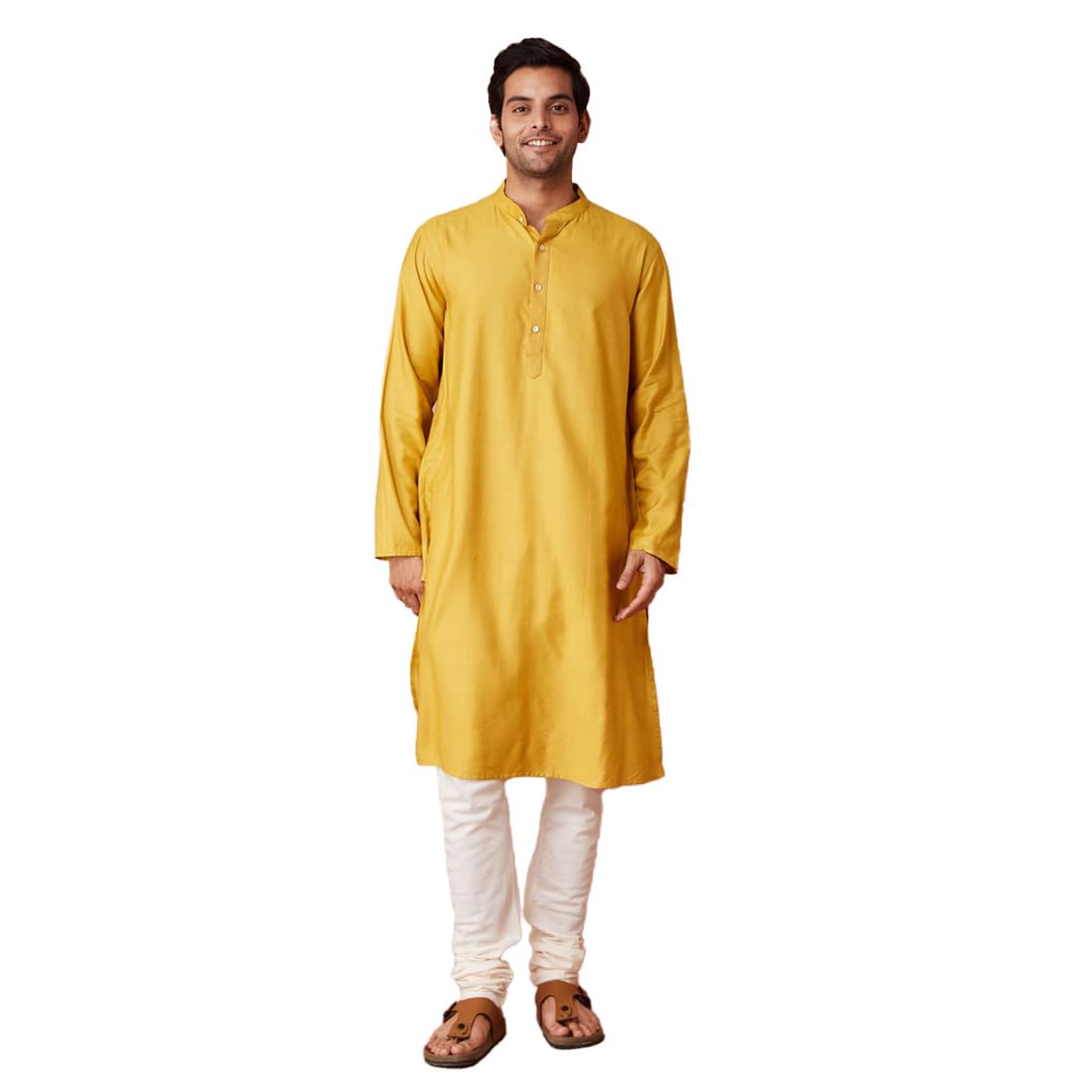 Fabindia Yellow Viscose Silk Comfort Fit Long Kurta