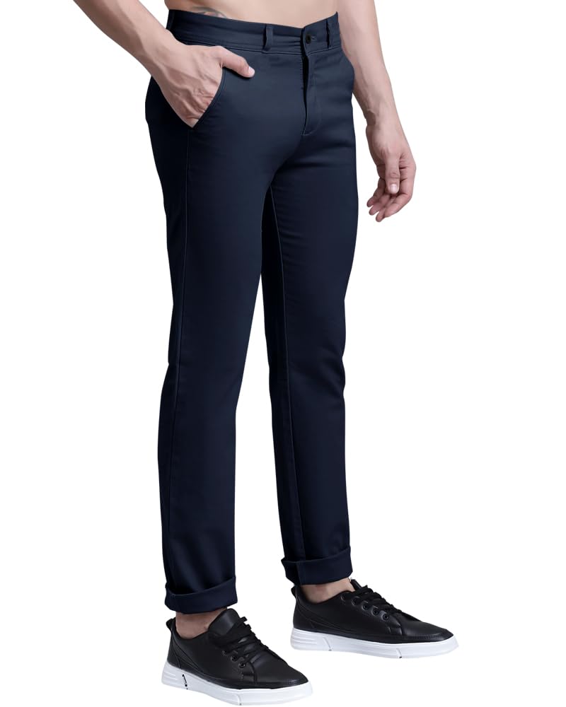 Eyebogler Mens Solid Regular Fit Formal Pant Navy Blue