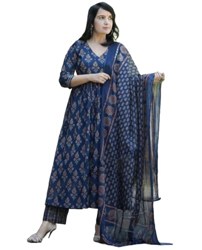 ANNI DESIGNER Womens Rayon Blend Printed Anarkali Kurta with Pant & Dupatta (AMPM Blue_XL_Blue_X-Large)