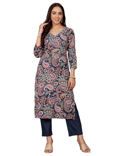 Varanga Women Paisely Printed Sequin Embroidered V Neck Kurta Blue