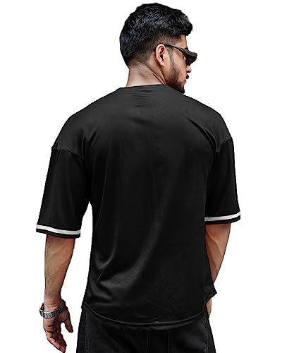 EYEBOGLER Mens Cotton Blend Round Neck Half Sleeve Oversized Printed Tshirt || Loose fit Tshirt Black