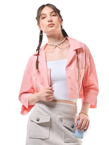 Bewakoof Womens Solid Oversized Fit 3/4 Sleeve Collar Pure Cotton Crop Shirt_634313_Orange_S