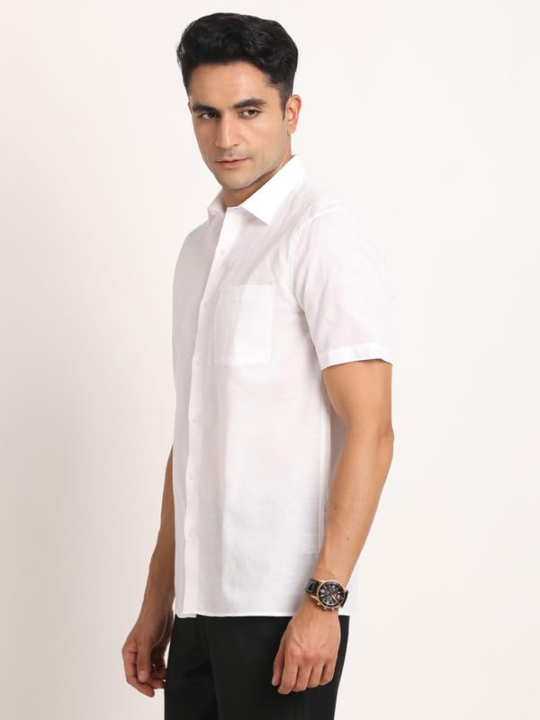 Turtle Men Cotton Linen Silm Fit White Solid Formal Half Sleeve Shirt